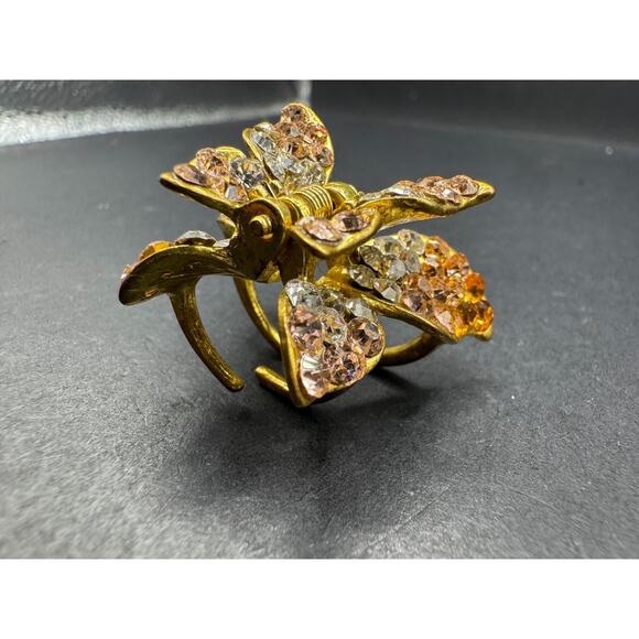 Vintage QS Signed Butterfly Hair Claws Metal Gold Tone Clear Rhinestones - Picture 4 of 10